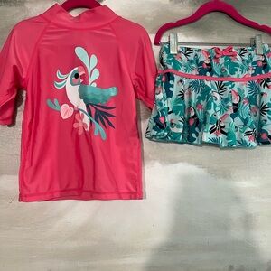 Girls Pink Parrot Rashguard with Teal Tropical Swim Skirt